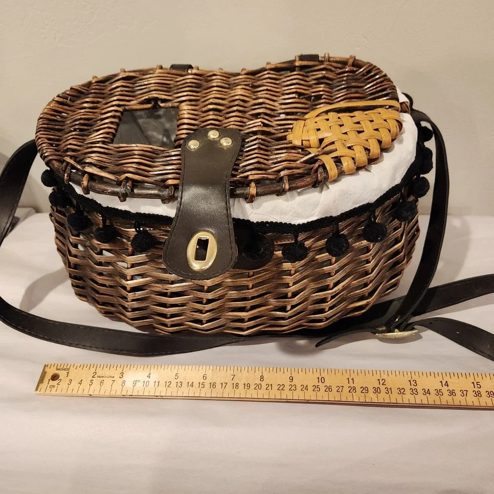 Vintage Decor, Wicker Picnic Basket/Hamper/Creel, leather strap & Closure